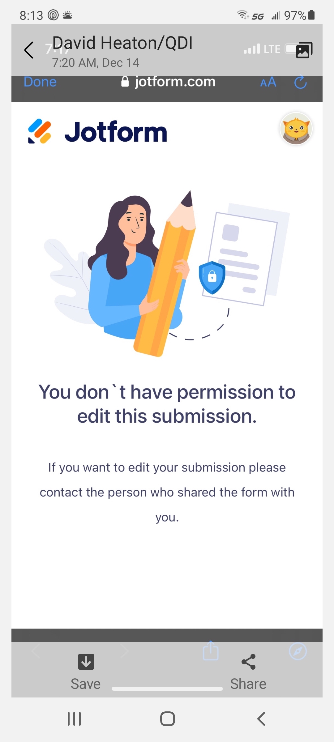 User getting an error message You don't have permission to edit this