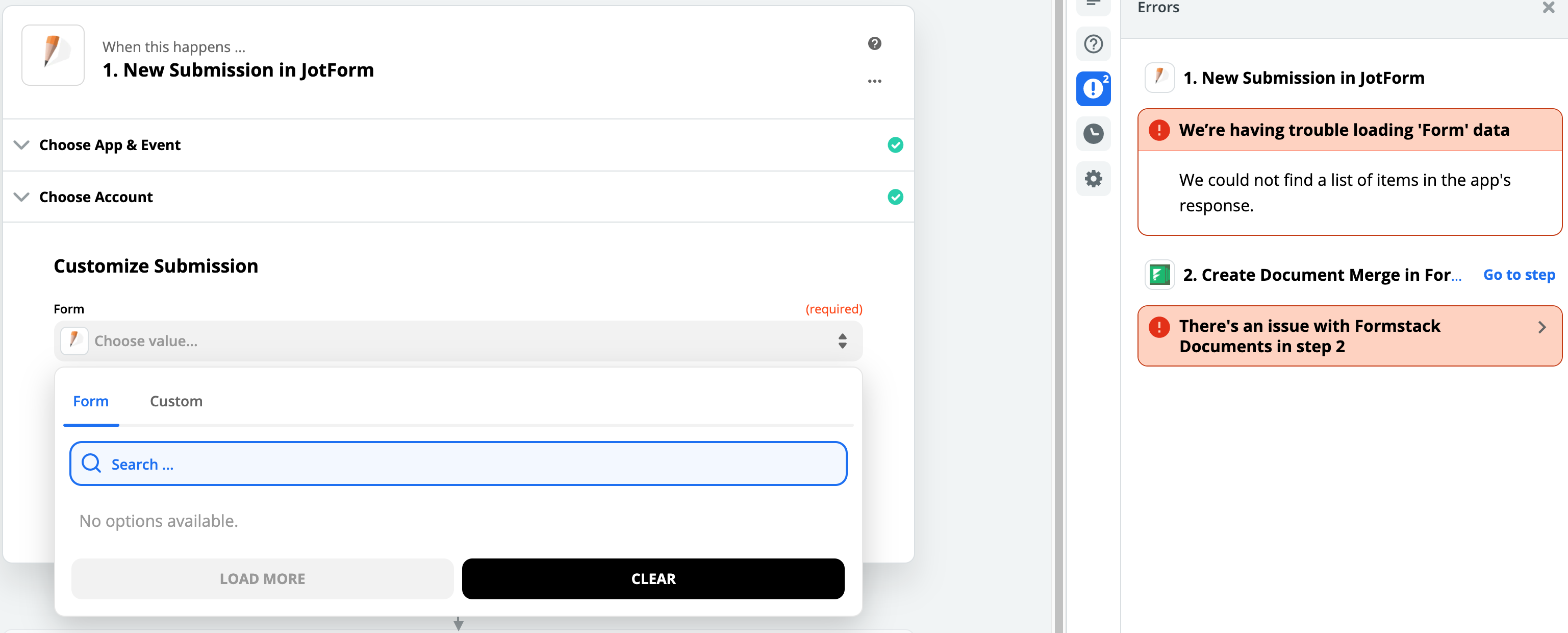 Unable to find forms in the Zapier integration wizard