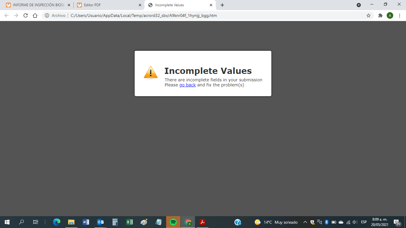PDF Form: Submission not successful; 'incomplete values' error being thrown