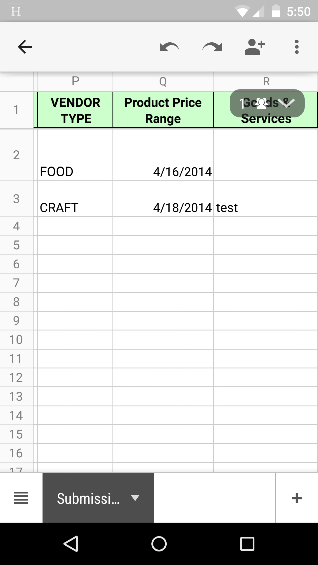 Google Spreadsheet Displays The Fancy Range Slidr Widget Submission Data As Date