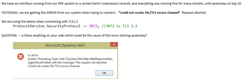 Connection To Jotform Form To Get Submission Data - Error Could Not Create  Ssl/Tls Secure Channel