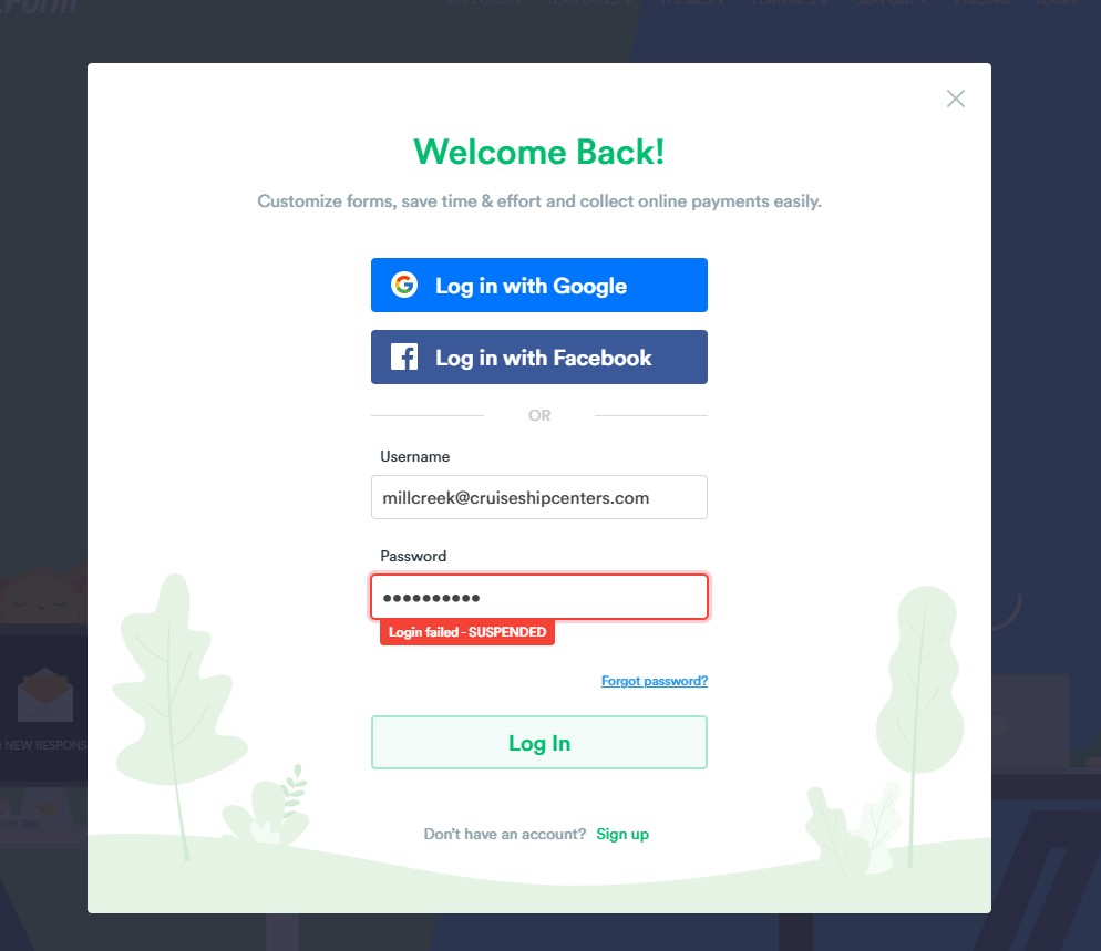 Login failed - suspended - I cannot access my account or form and