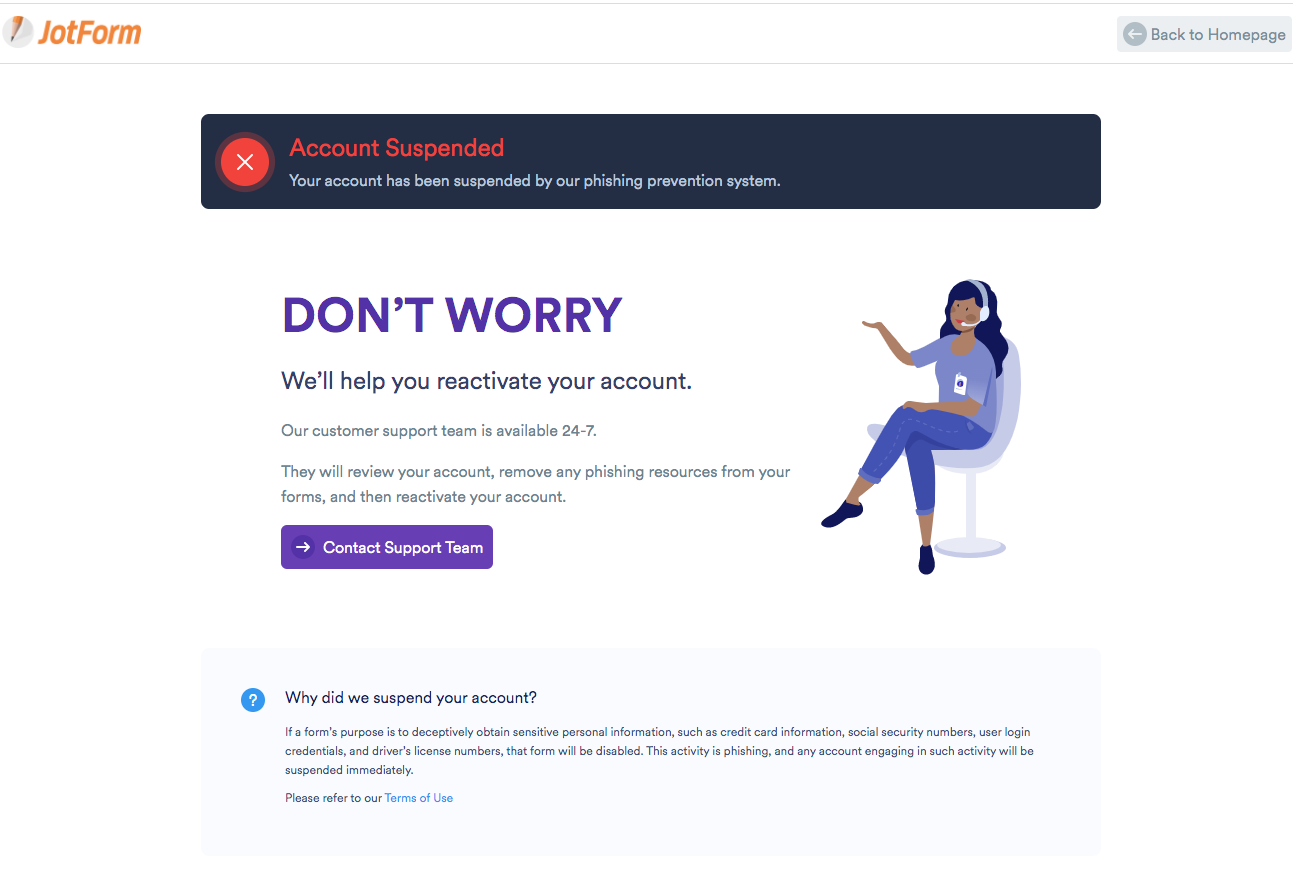 Account suspended. JOTFORM образец. We suspended your account. Your account has been suspended wow.