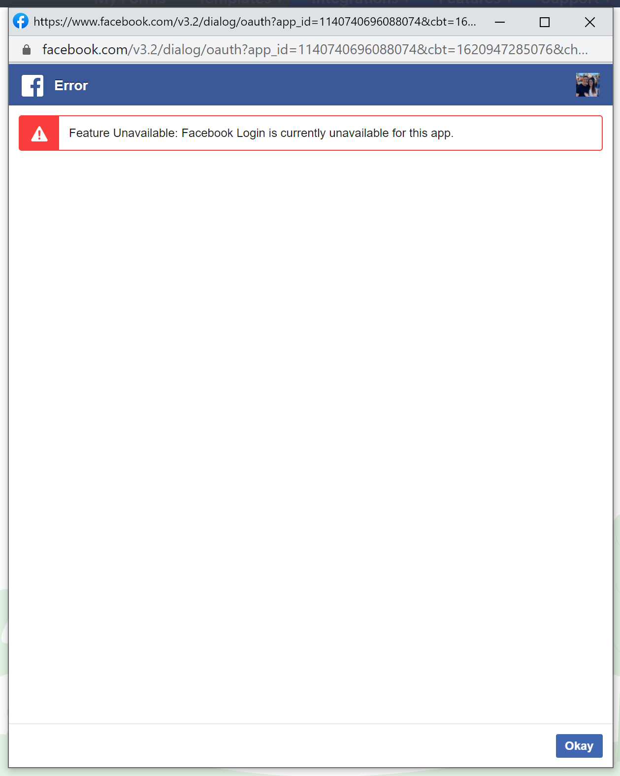 I get an error message when I try to login using Facebook Login
