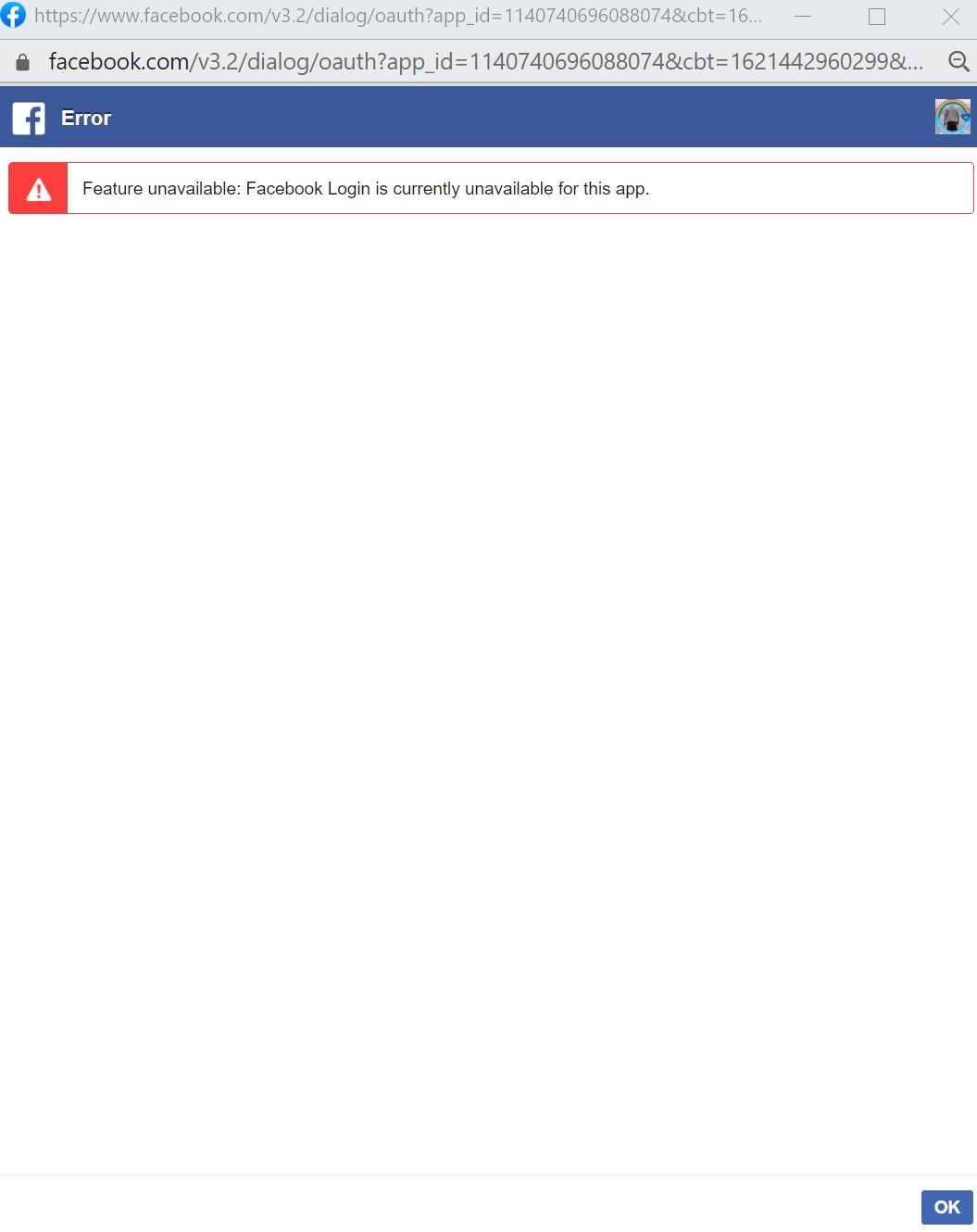 Feature unavailable: Facebook Login is currently unavailable for