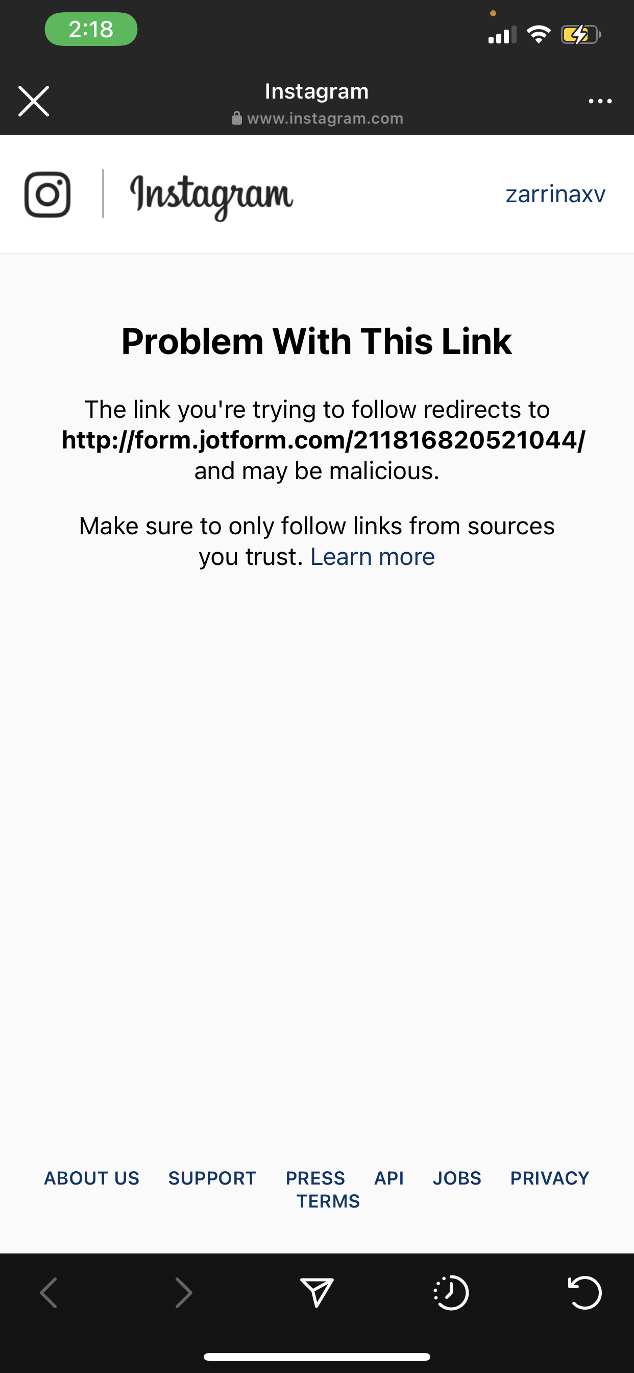 Share Form Why My Form Link Isn T Working On Instagram And Is Detected As Malicious