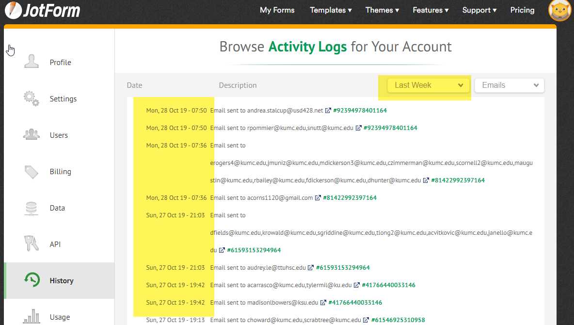 Unable to view last week's email history