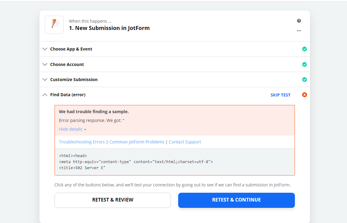 Zapier API integration failing Error 502 Server E.