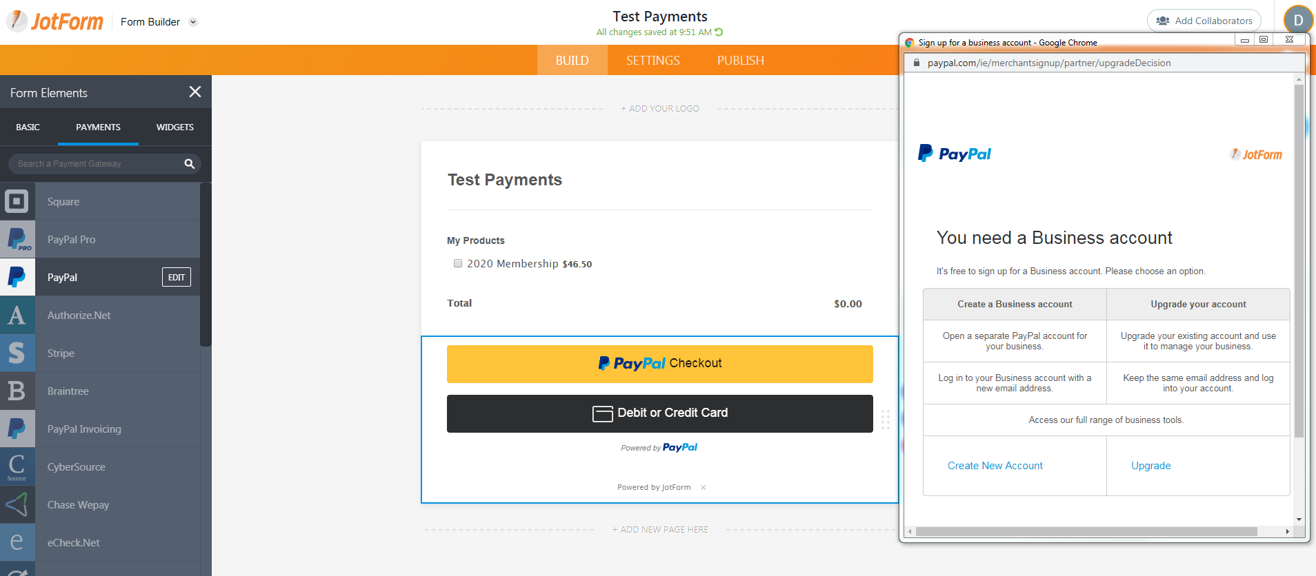 How to connect to PayPal on my form using my personal account?