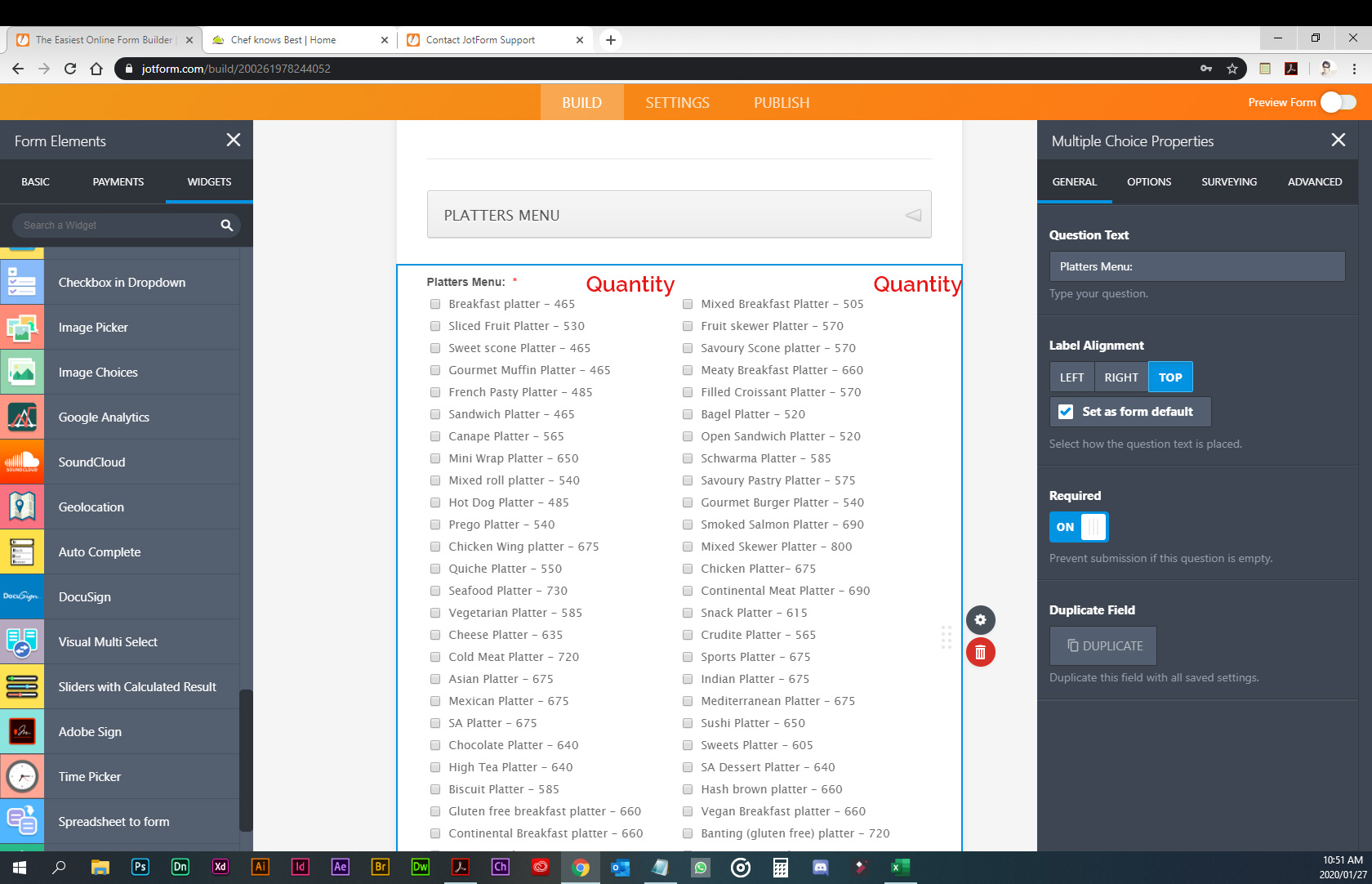 How can I add quantity values to multiple choice selection?