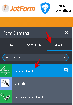 HIPAA Card Form:DocuSign widget is not showing when searched in the Widgets Screenshot 20