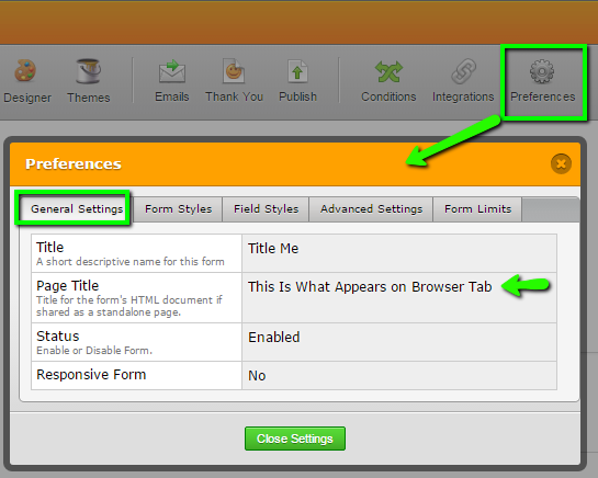 How do I Change the Title Which Appears on the Brower Tab when my Form Loads at its URL? Image 1 Screenshot 20