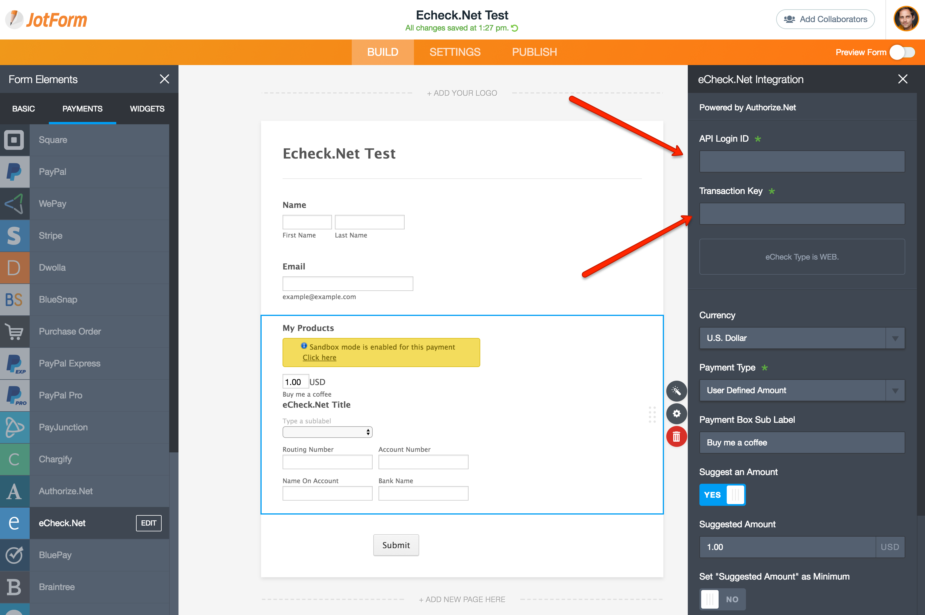 jotform echeck processing