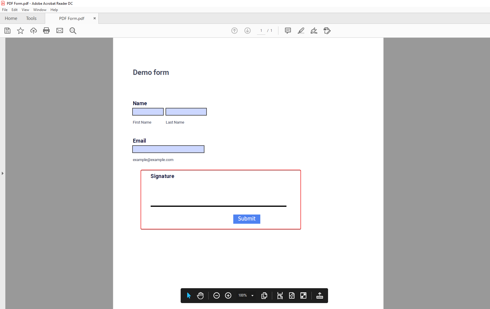 Fillable PDF form signature field