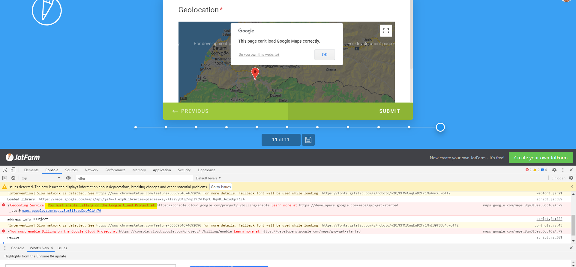 additional information: Trouble integrating Geolocation and LocationCoordinates into jotform (form1) Image 1 Screenshot 20