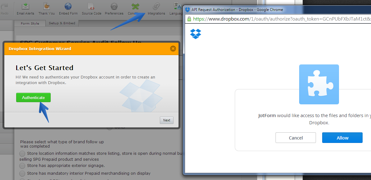 i am trying to create a dropbox folder using your integration steps Image 1 Screenshot 20