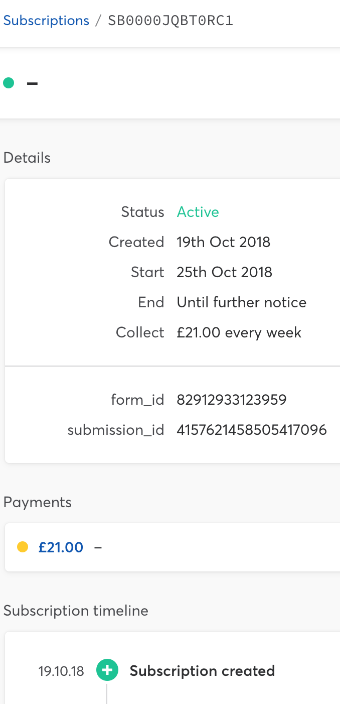 gocardless dashboard subscription