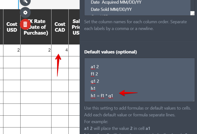 Spreadsheet widget calculation